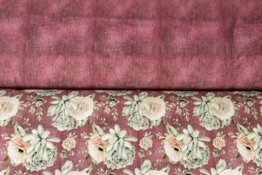 Preview: French Terry angeraut Rose & Echeveria auf Jeansoptik Beere